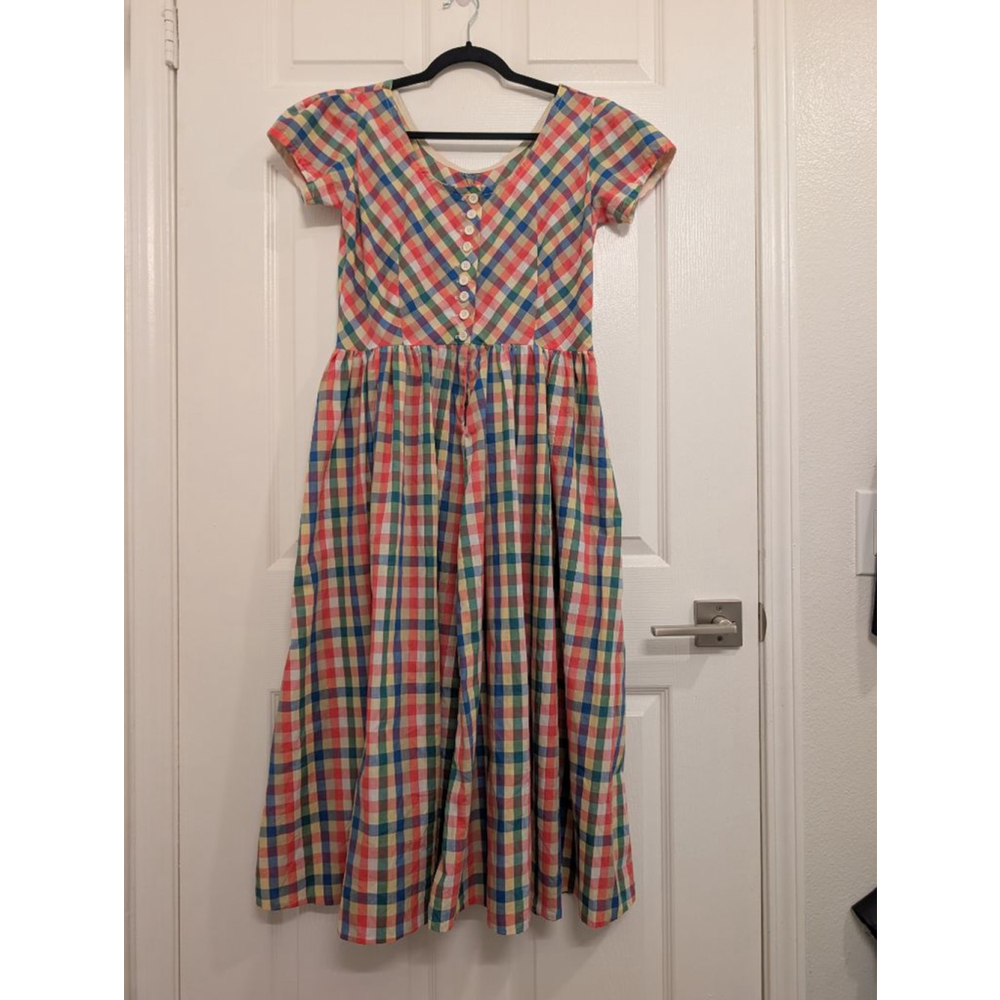 Vintage Handmade Rainbow Multi-Color Gingham Plaid Picnic Dress Cottagecore - Picture 2 of 8